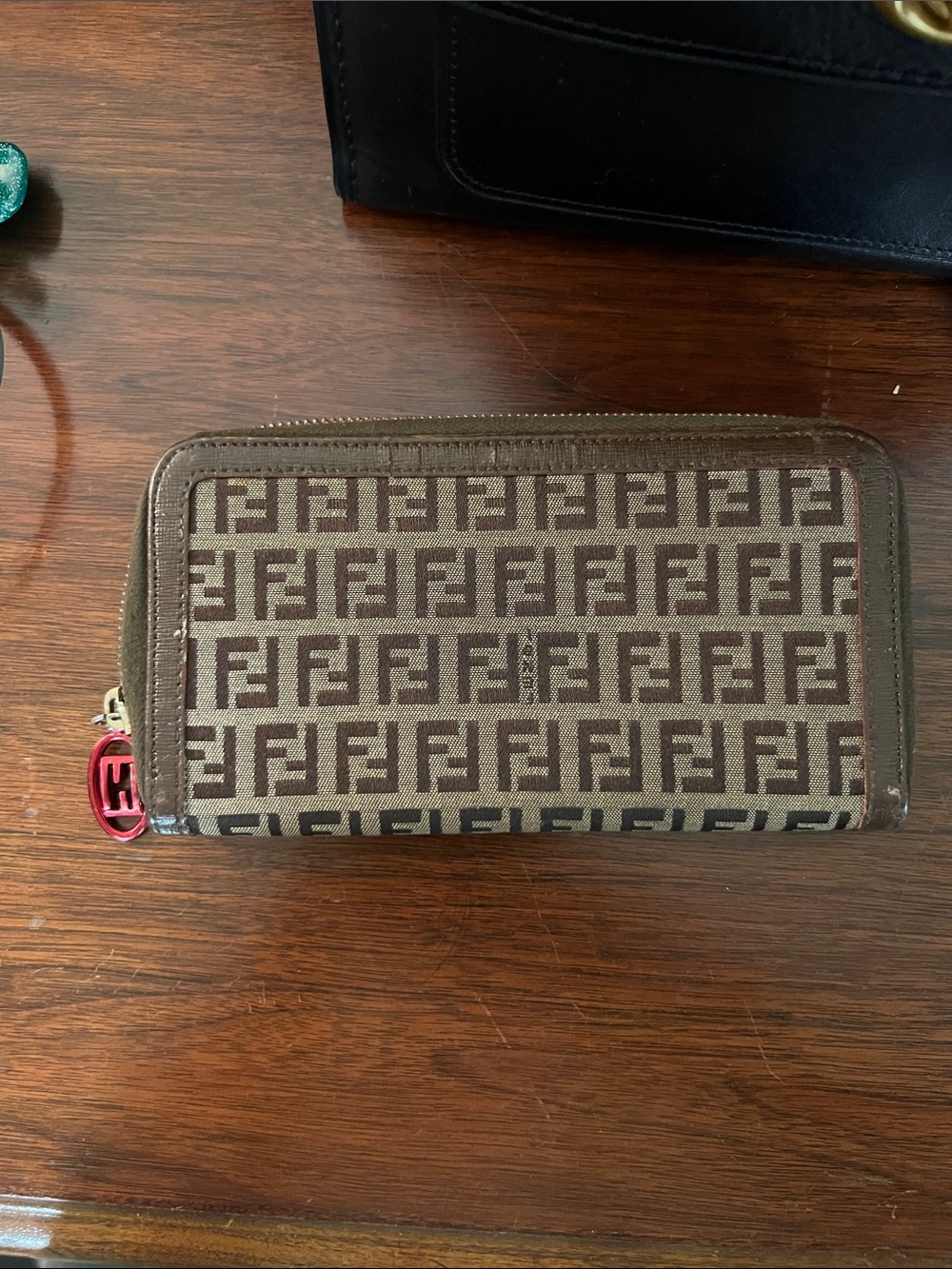 Fendi Zucca FF Monogram Zip Around Wallet w/ Red